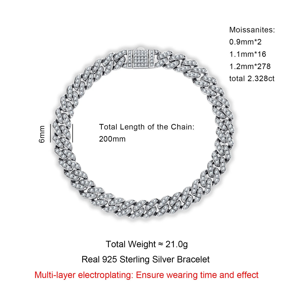 Moissanite Cuban Link Bracelet – 925 Silver Iced Out Hip Hop Jewelry