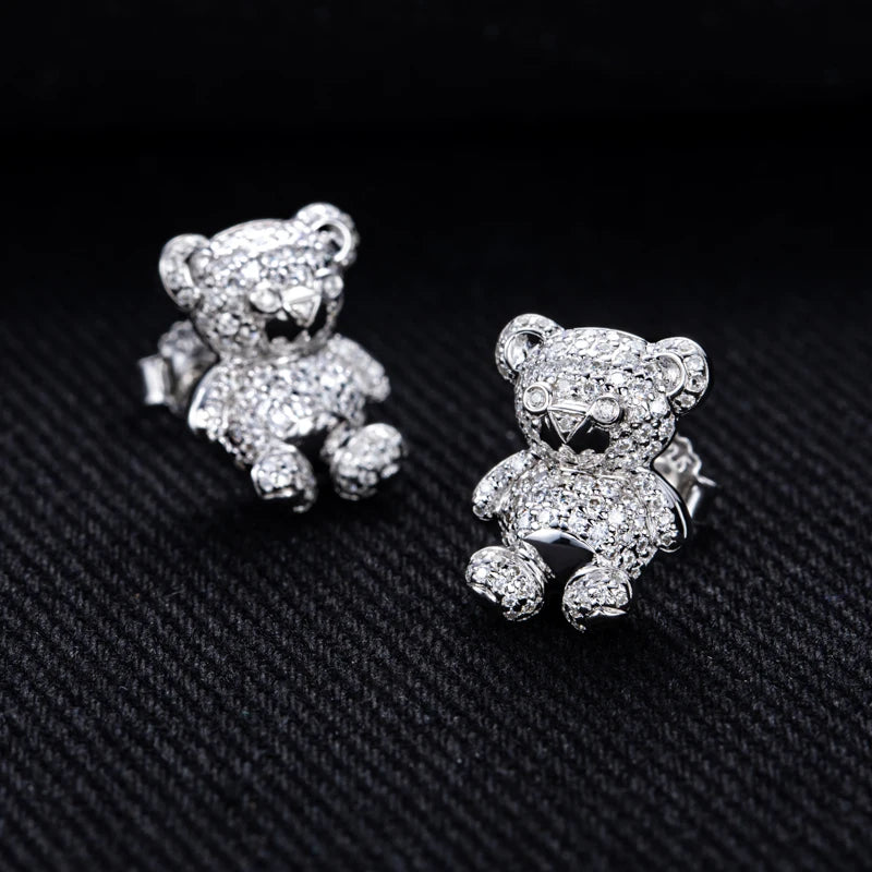 Moissanite Iced Out Bear Stud Earrings – 925 Silver Hip Hop Jewelry