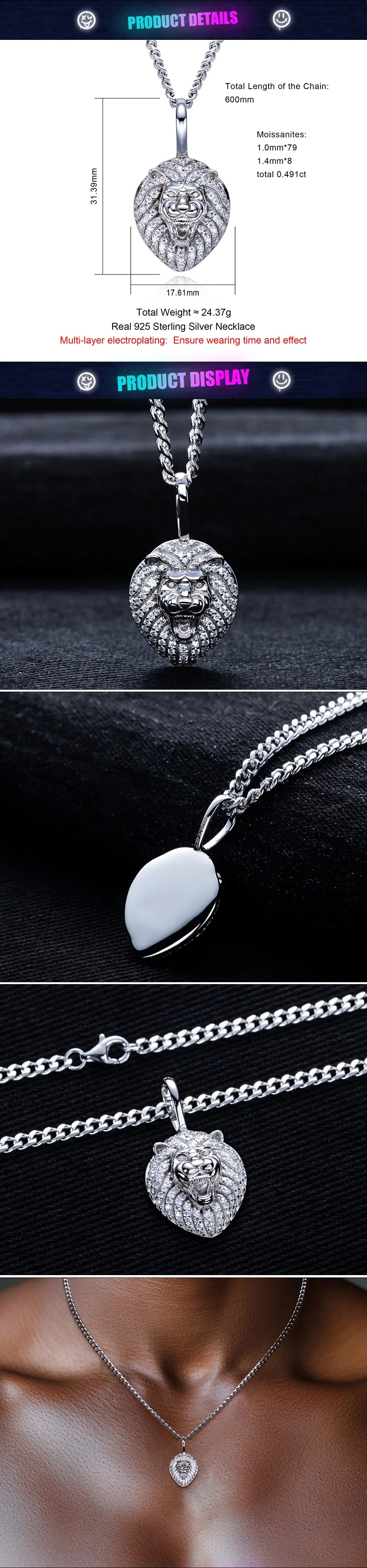 Iced Out Lion Pendant – 925 Silver Moissanite Hip Hop Necklace