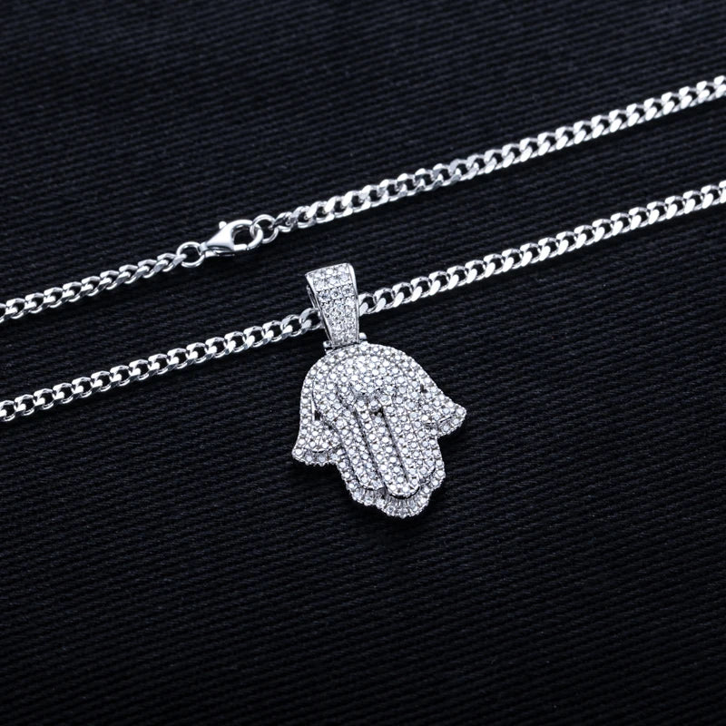 Moissanite Hamsa Hand Pendant – 925 Silver Iced Out Hip Hop Necklace