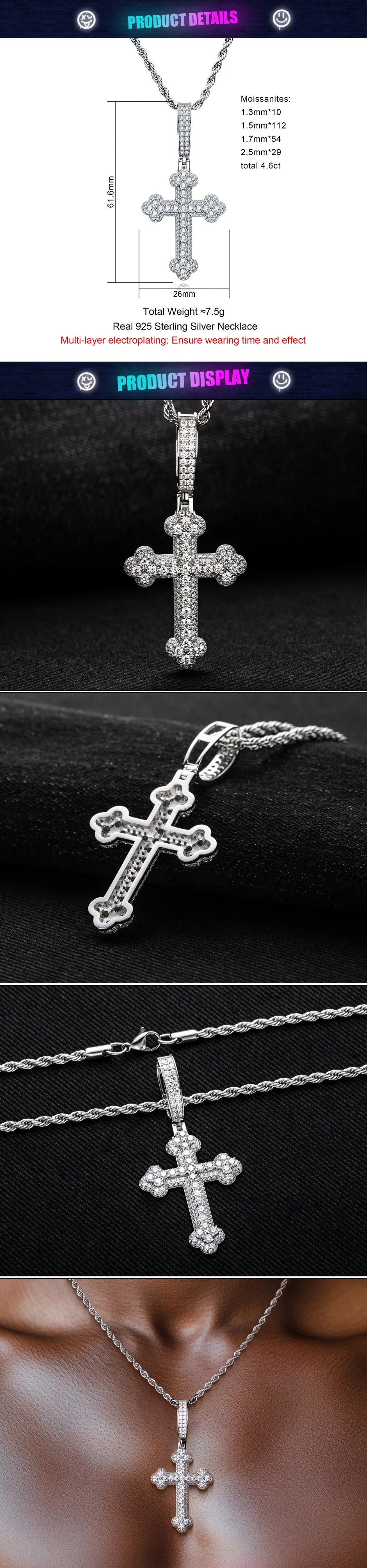 4.6cttw Moissanite Cross Pendant – 925 Silver Hip Hop Necklace for Men