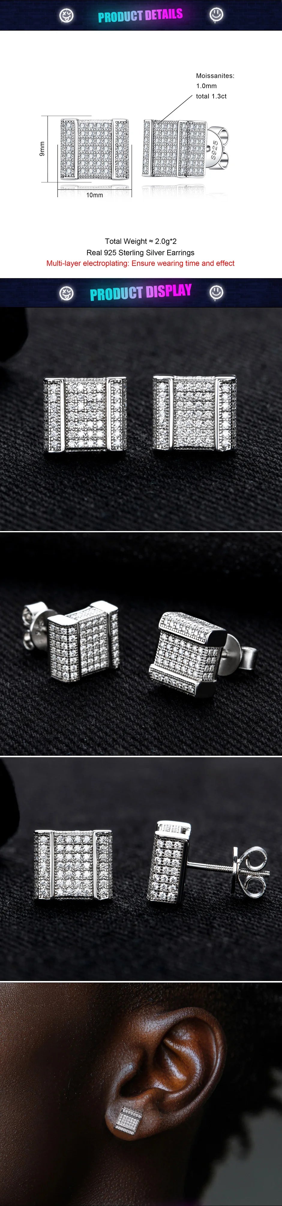 Moissanite Square Stud Earrings – 925 Silver