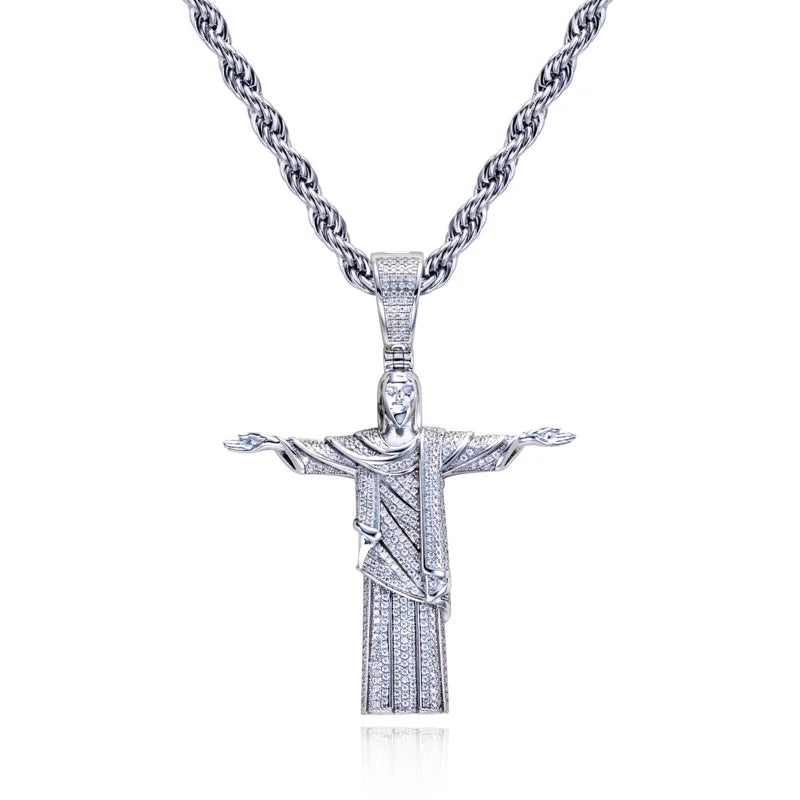1.23cttw Moissanite Redeemer Pendant – 925 Silver Iced Necklace