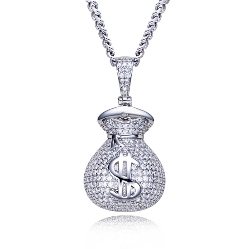 2.8cttw Moissanite Money Bag Pendant – 925 Silver Hip Hop Necklace