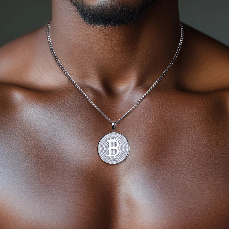 Moissanite Iced Out Bitcoin Pendant – 925 Silver Hip Hop Necklace