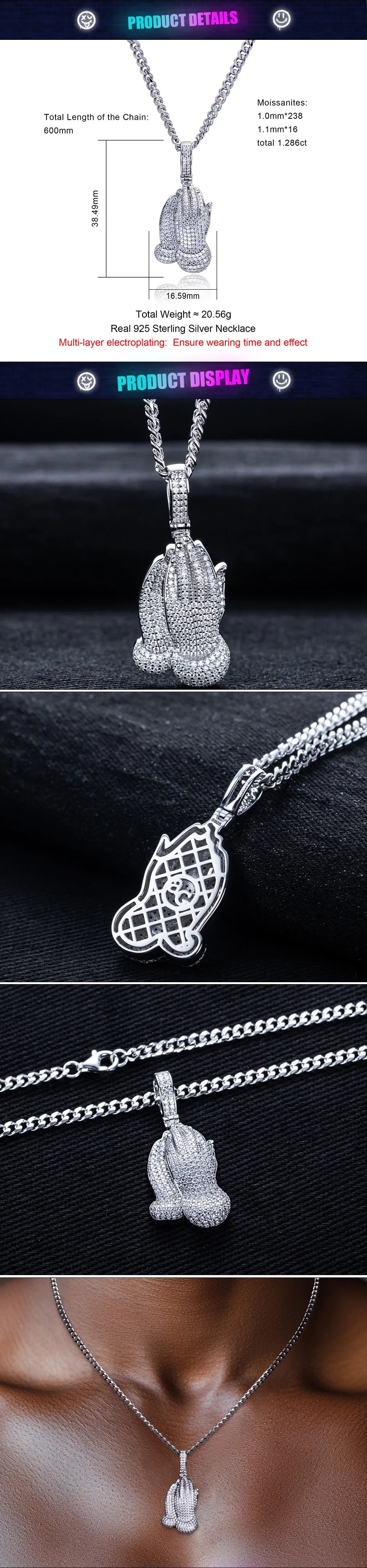 Moissanite Praying Hand Pendant – 925 Silver Hip Hop Necklace