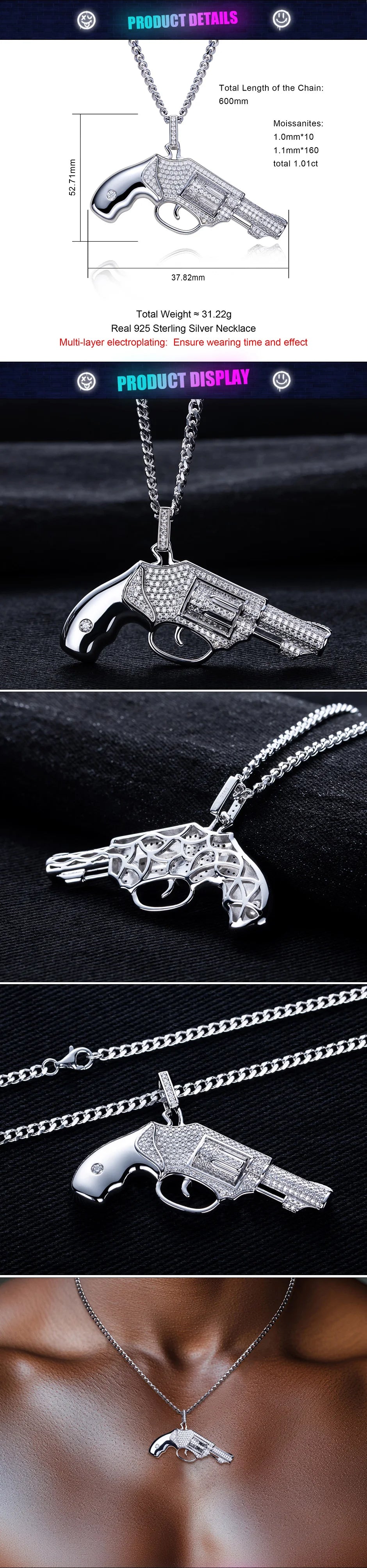 Moissanite Pistol Pendant – 925 Silver Iced Out Hip Hop Necklace
