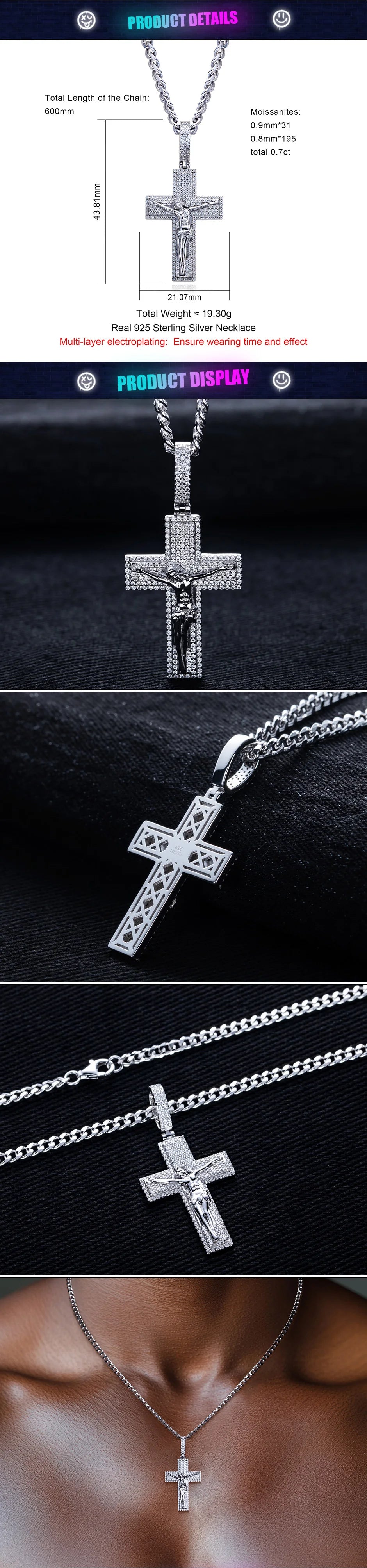 Moissanite Cross Jesus Pendant – 925 Silver Necklace