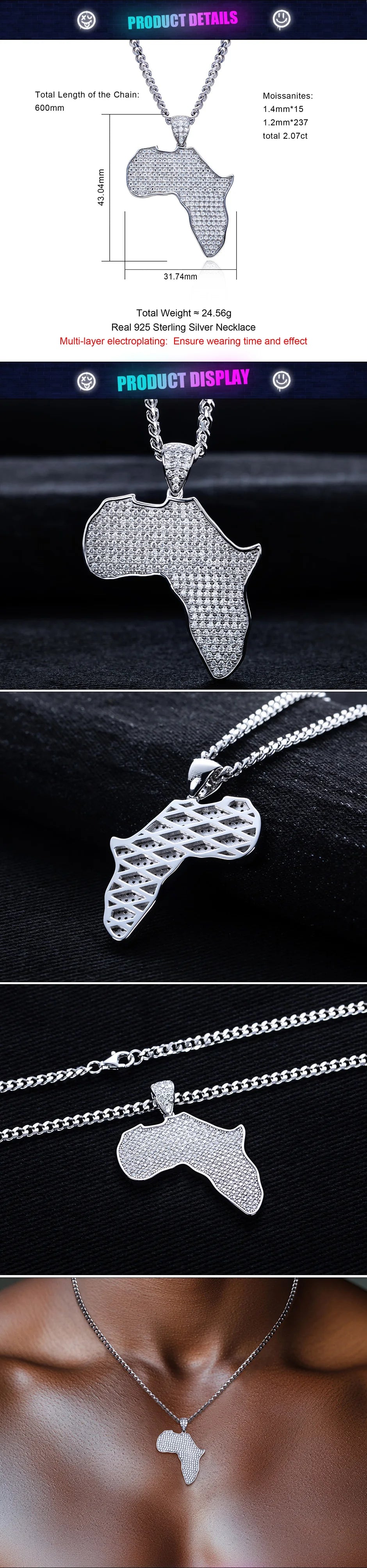 Moissanite Africa Map Pendant – 925 Silver Hip Hop Necklace