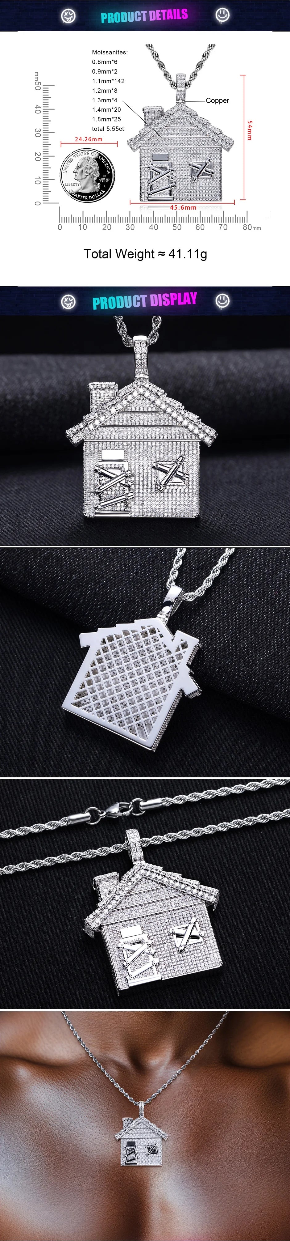 Moissanite Iced Out Home Pendant – 14K Gold Hip Hop Necklace