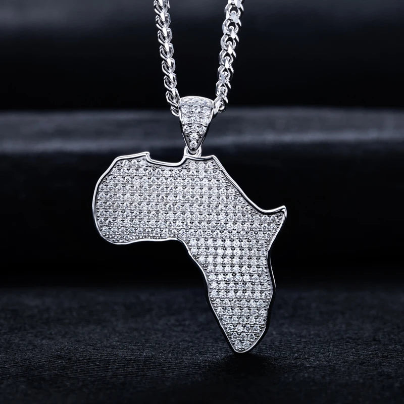 Moissanite Africa Map Pendant – 925 Silver Hip Hop Necklace