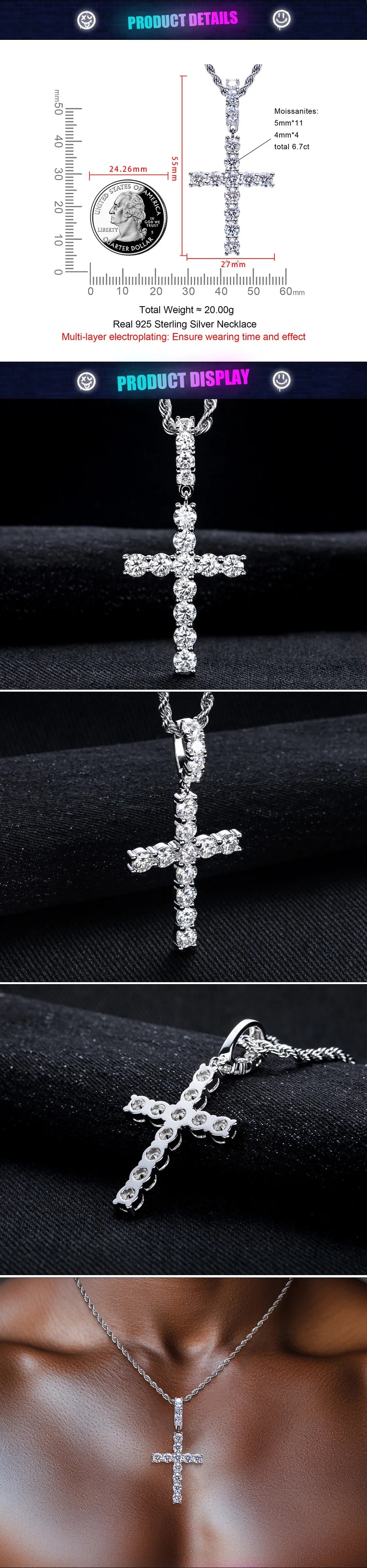 Moissanite Cross Pendant – 925 Silver Iced-Out Necklace
