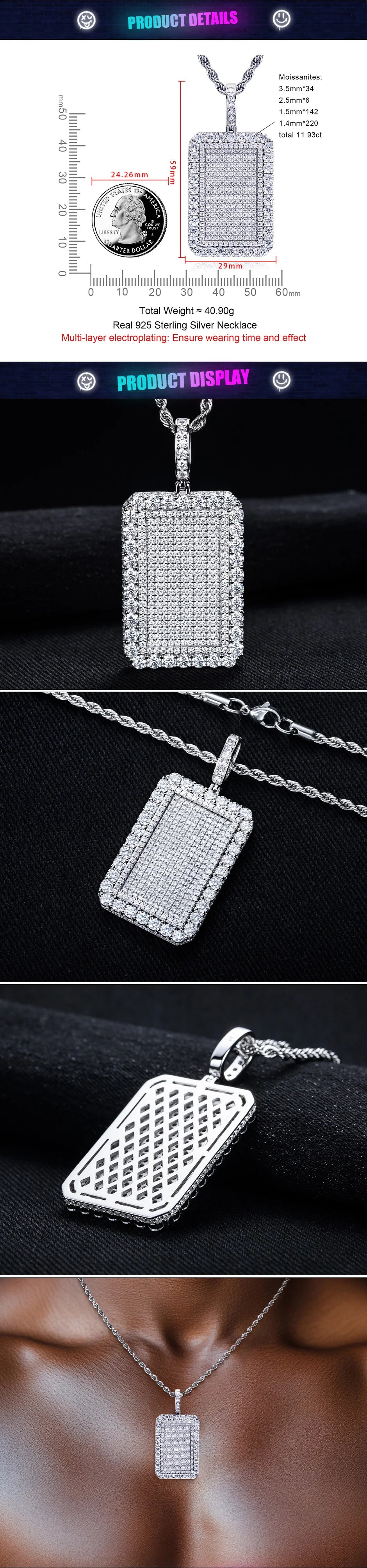 Moissanite Rectangle Pendant – 925 Silver Hip Hop Necklace
