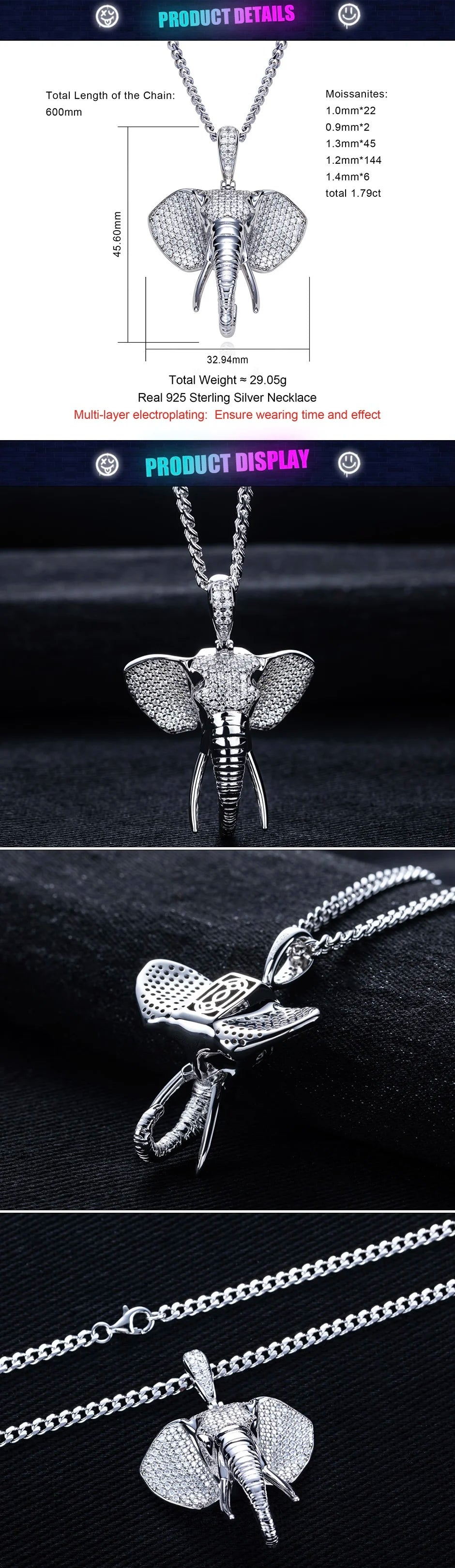 Iced Out Elephant Pendant – 925 Silver Moissanite Hip Hop Necklace