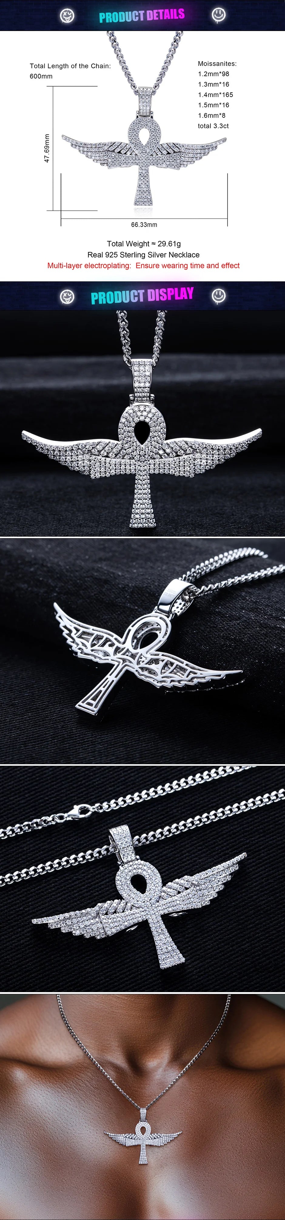 Moissanite Angel Wing Cross Pendant – 925 Silver Hip Hop Necklace
