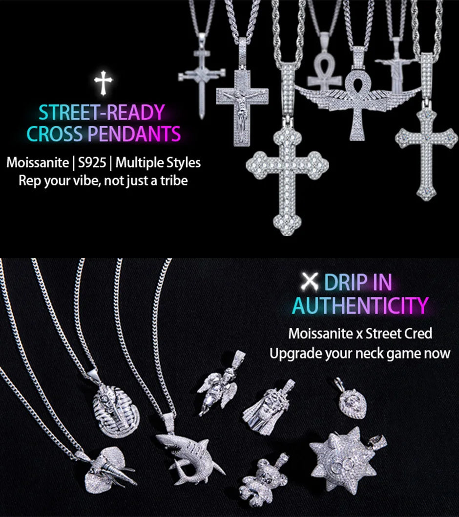 Moissanite Screw Cross Pendant – 925 Silver Hip Hop Necklace
