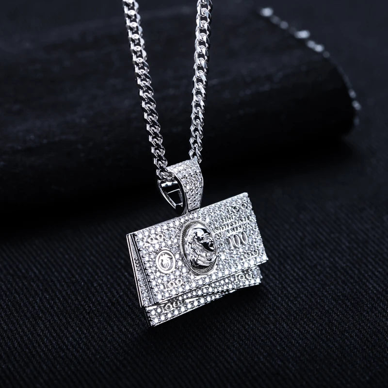 1.9cttw Moissanite Dollar Bill Pendant – 925 Silver Hip Hop Necklace