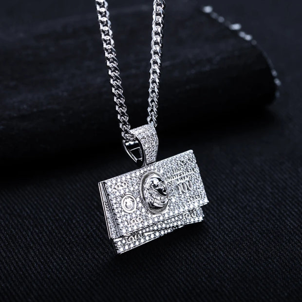 1.9cttw Moissanite Dollar Bill Pendant – 925 Silver Hip Hop Necklace