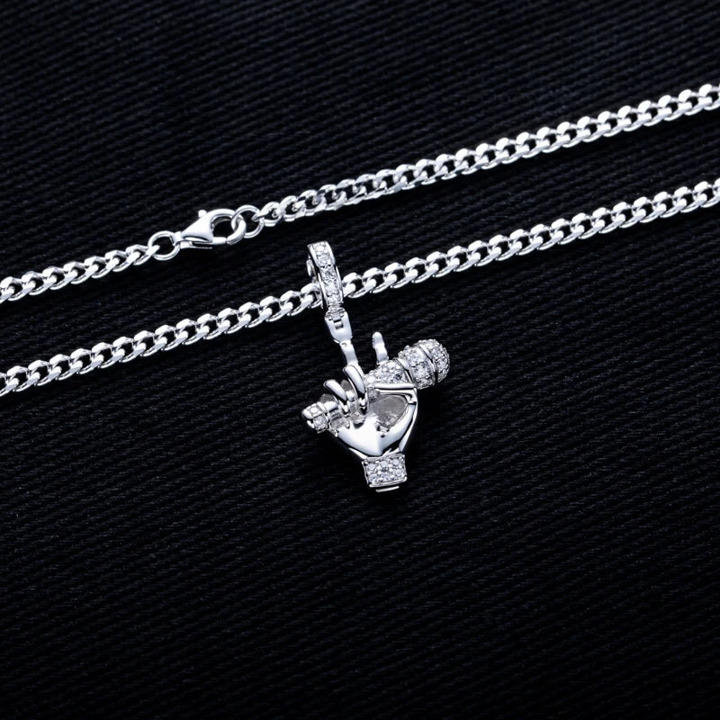 Moissanite Microphone Hand Pendant – 925 Silver Hip Hop Necklace