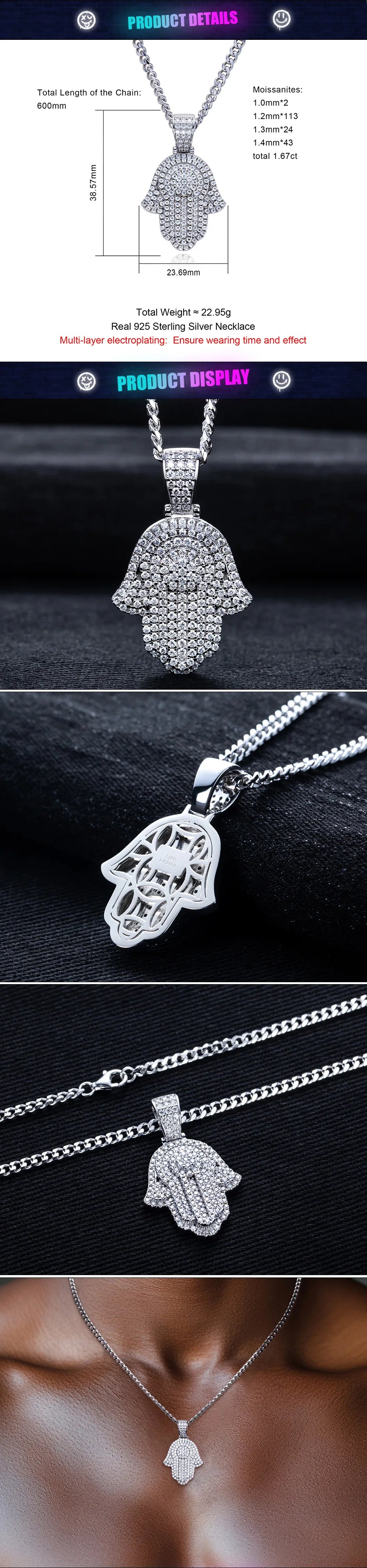 Moissanite Hamsa Hand Pendant – 925 Silver Iced Out Hip Hop Necklace