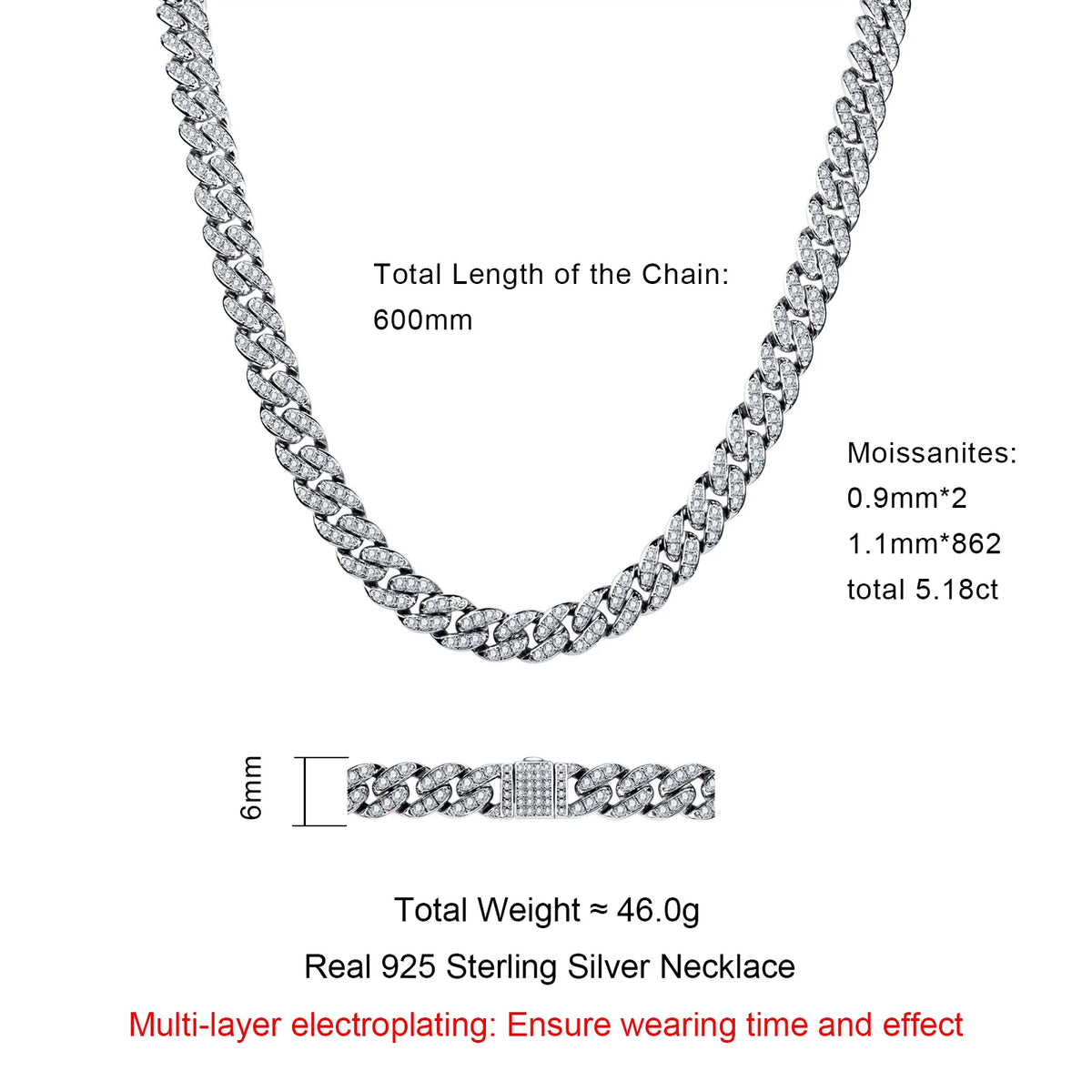 Moissanite Cuban Link Necklace – 925 Silver Iced Out Hip Hop Chain