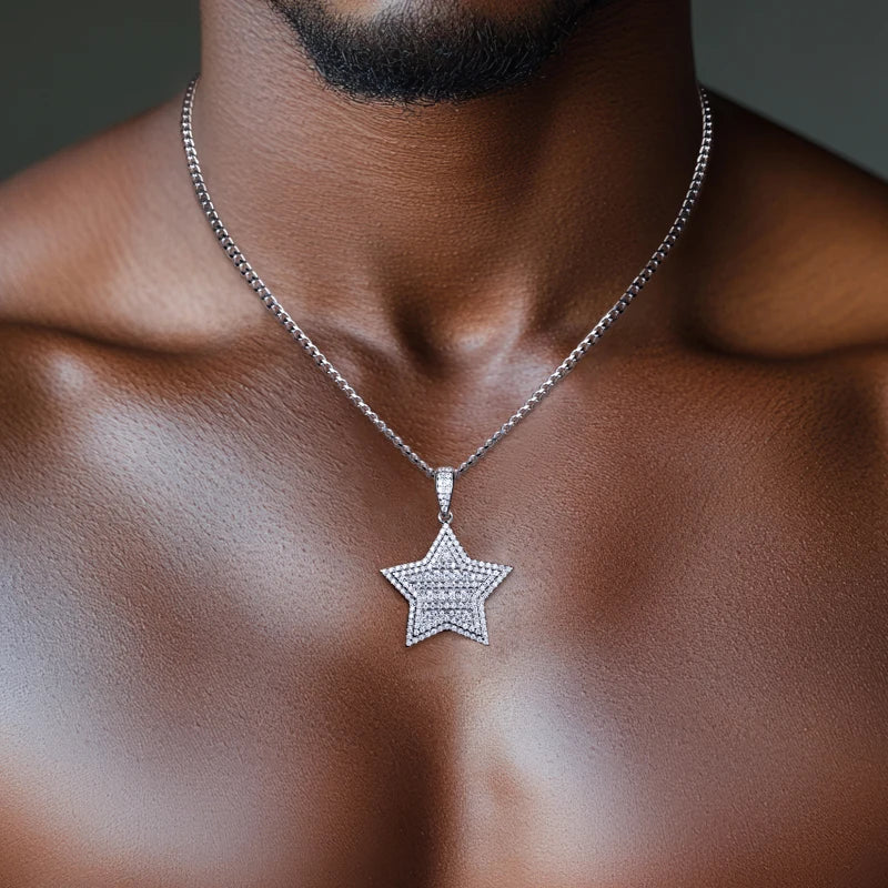 1.8ct Moissanite Lucky Star Pendant – 925 Sterling Silver Hip Hop Necklace for Men
