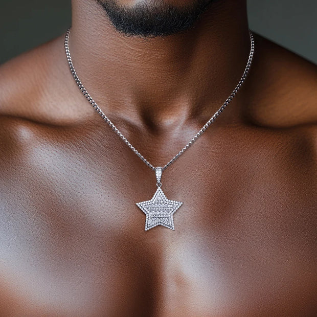 1.8ct Moissanite Lucky Star Pendant – 925 Sterling Silver Hip Hop Necklace for Men