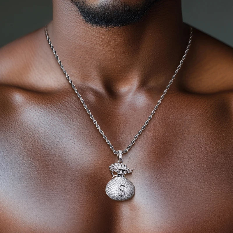 6.1ct Moissanite Money Bag Pendant – 925 Silver Hip Hop Necklace