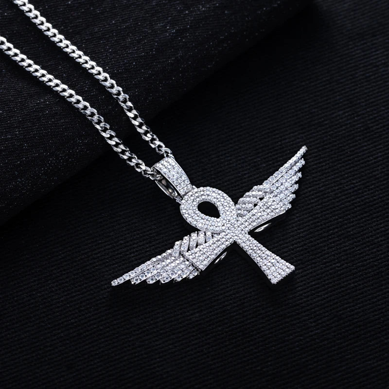Moissanite Angel Wing Cross Pendant – 925 Silver Hip Hop Necklace