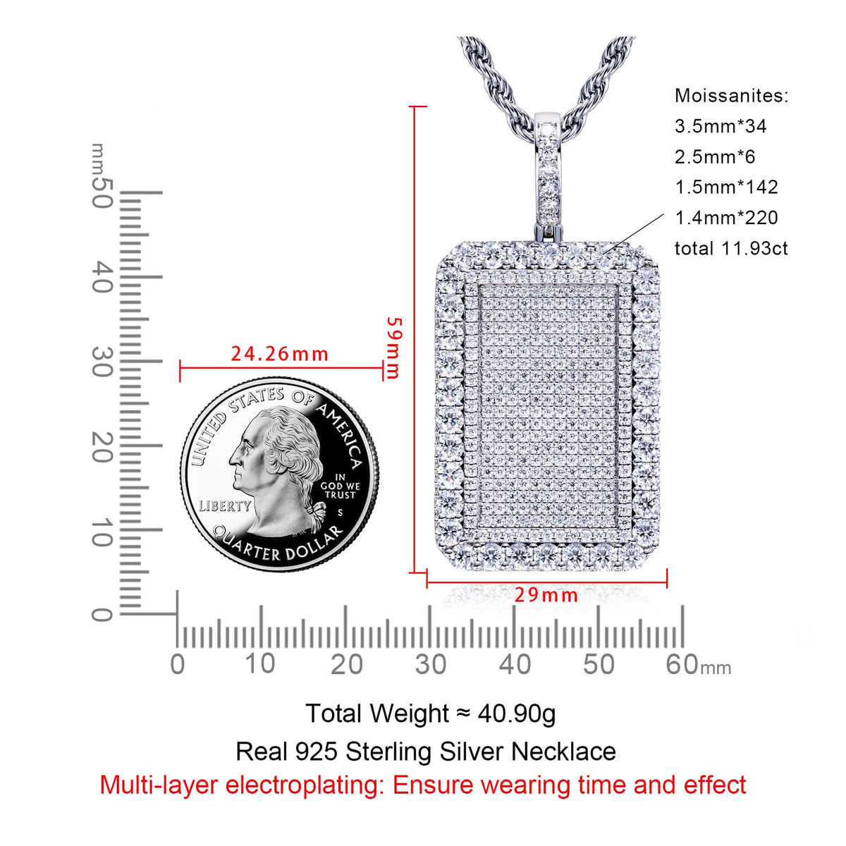 Moissanite Rectangle Pendant – 925 Silver Hip Hop Necklace