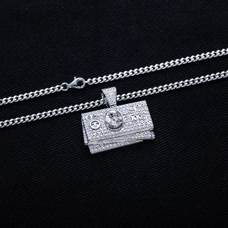 1.9cttw Moissanite Dollar Bill Pendant – 925 Silver Hip Hop Necklace
