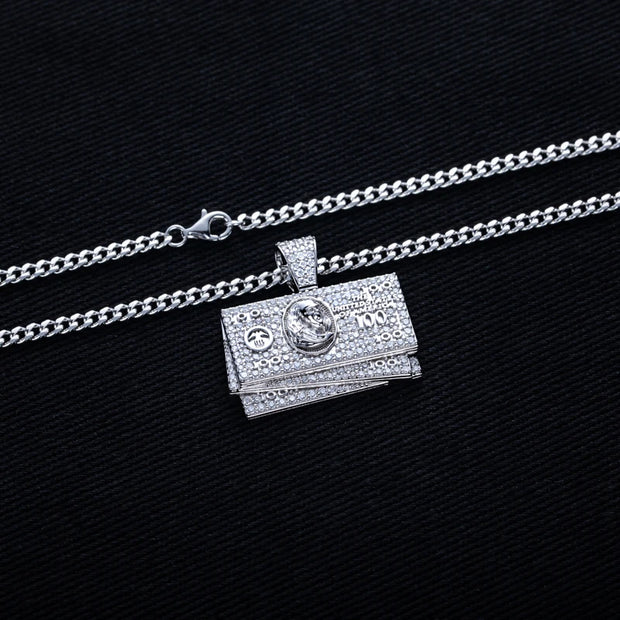 1.9cttw Moissanite Dollar Bill Pendant – 925 Silver Hip Hop Necklace
