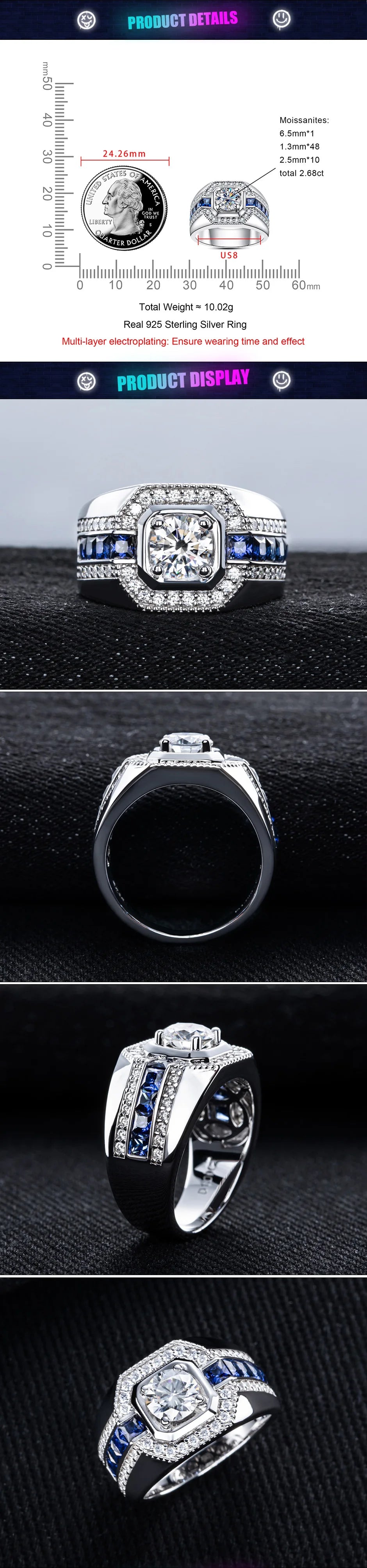1ct VVS1 Moissanite Men’s Iced Out Diamond Ring – 925 Sterling Silver