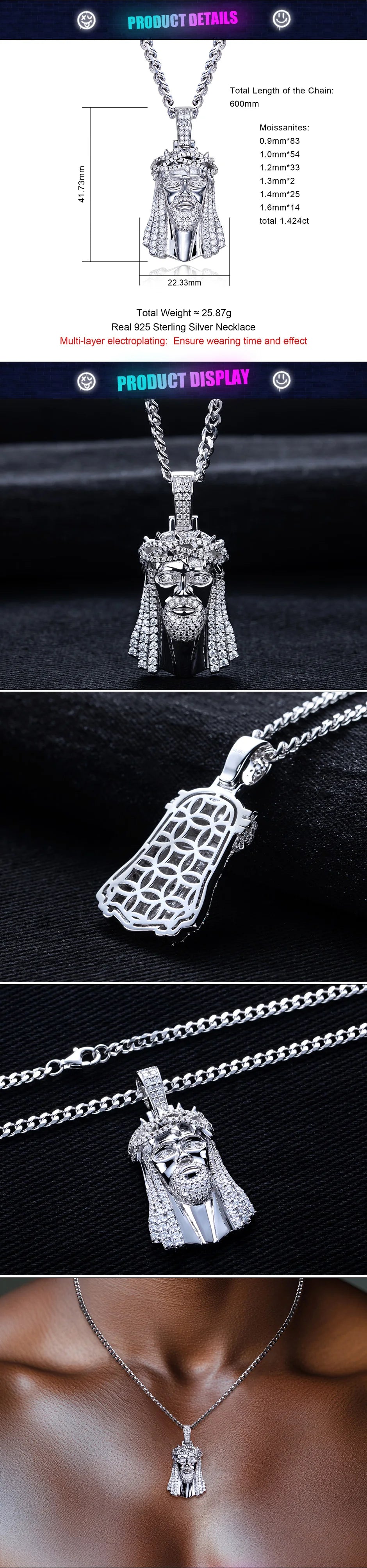 Moissanite Jesus Pendant – 925 Silver Iced Out Necklace