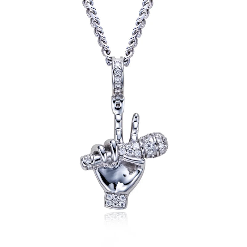 Moissanite Microphone Hand Pendant – 925 Silver Hip Hop Necklace