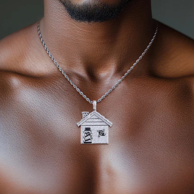 Moissanite Iced Out Home Pendant – 14K Gold Hip Hop Necklace