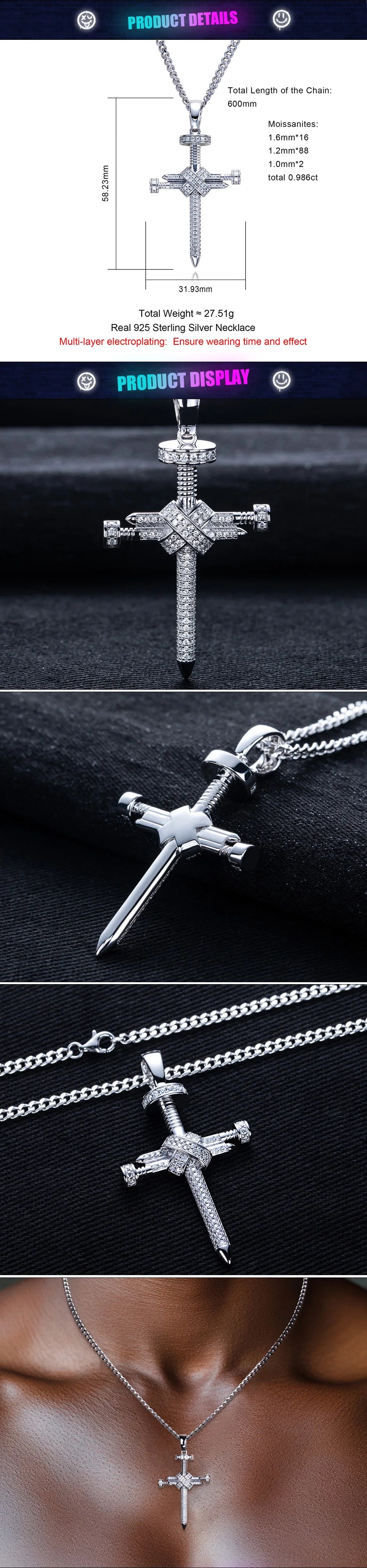 Moissanite Screw Cross Pendant – 925 Silver Hip Hop Necklace