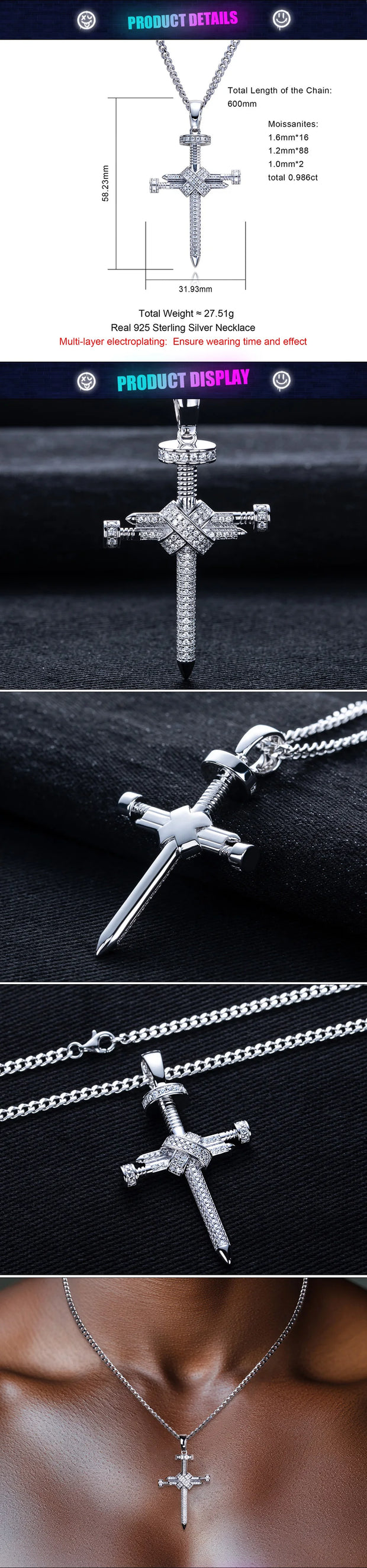 Moissanite Screw Cross Pendant – 925 Silver Hip Hop Necklace