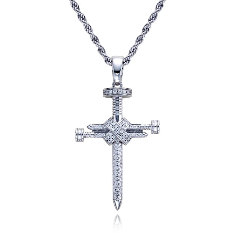 Moissanite Screw Cross Pendant – 925 Silver Hip Hop Necklace