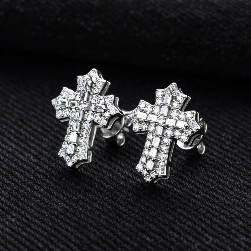 1.0cttw Moissanite Iced Out Cross Stud Earrings – 925 Sterling Silver