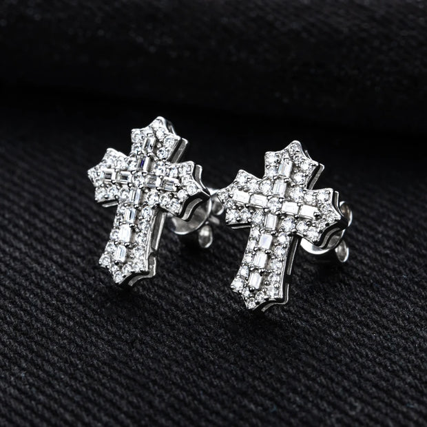 1.0cttw Moissanite Iced Out Cross Stud Earrings – 925 Sterling Silver