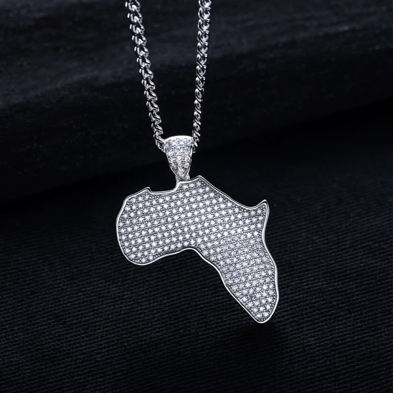 Moissanite Africa Map Pendant – 925 Silver Hip Hop Necklace