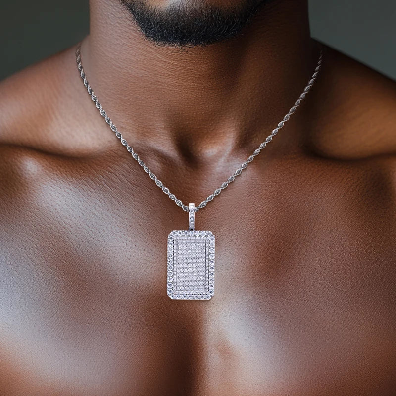 Moissanite Rectangle Pendant – 925 Silver Hip Hop Necklace