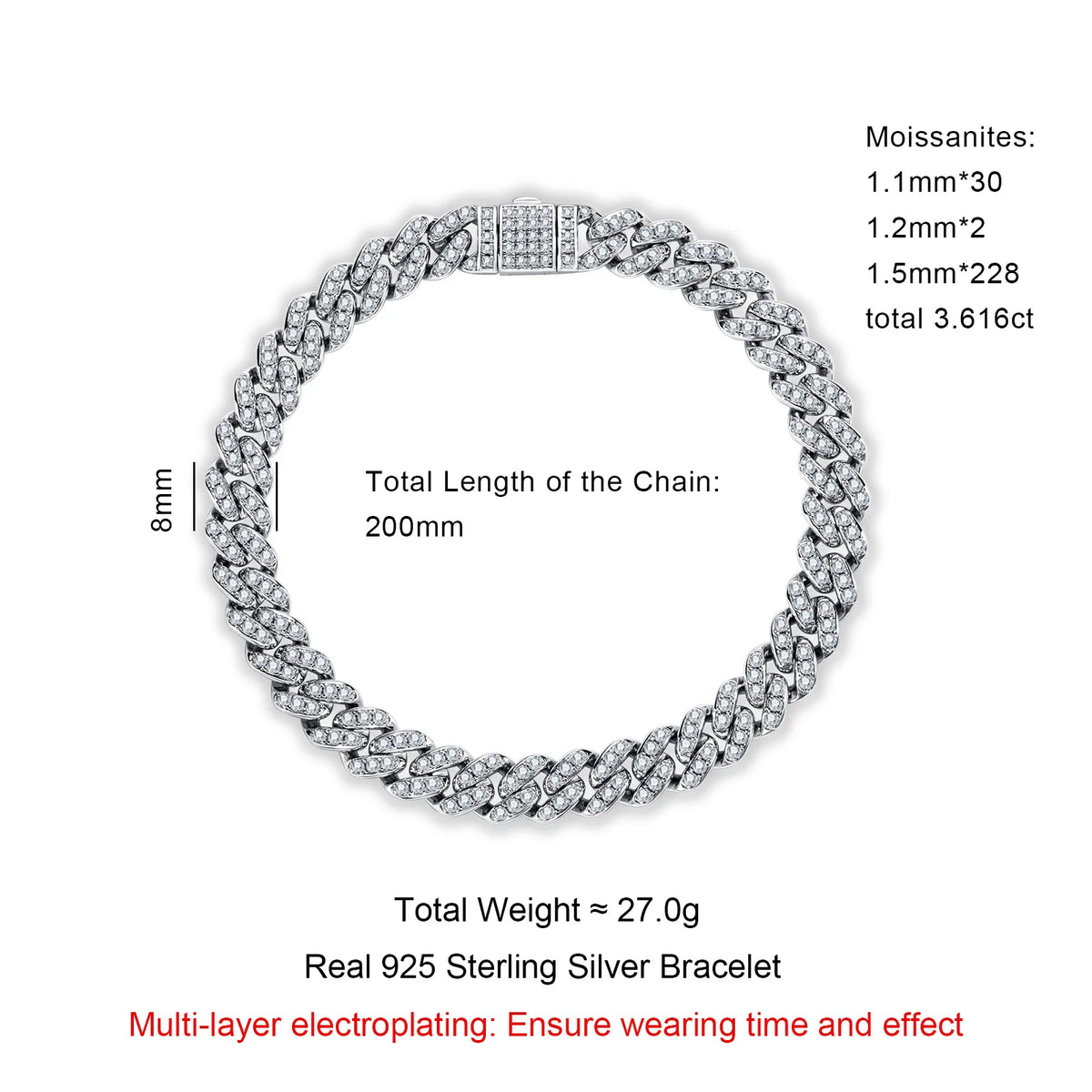 Moissanite Cuban Link Bracelet – 925 Silver Iced Out Hip Hop Jewelry