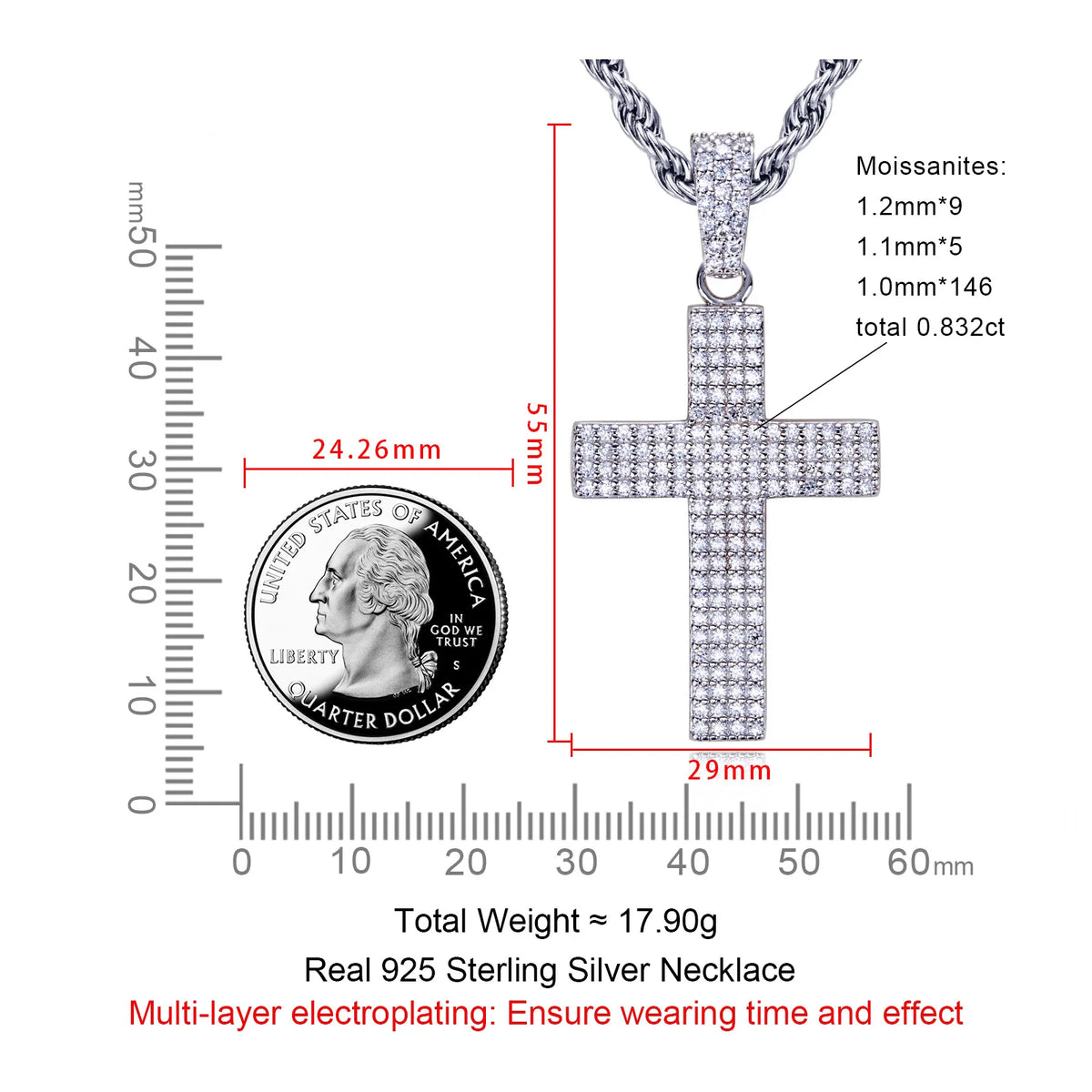 Moissanite Bling Cross Pendant Iced Out Hip Hop Necklace 925 Sterling Silver