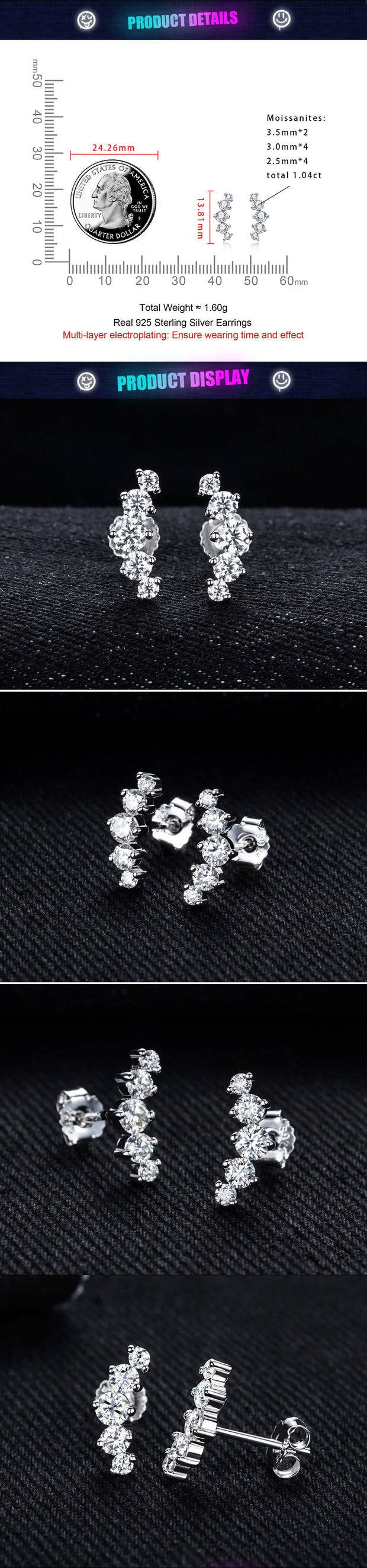 1.04cttw Moissanite Stud Earrings – 925 Silver Hip Hop Jewelry