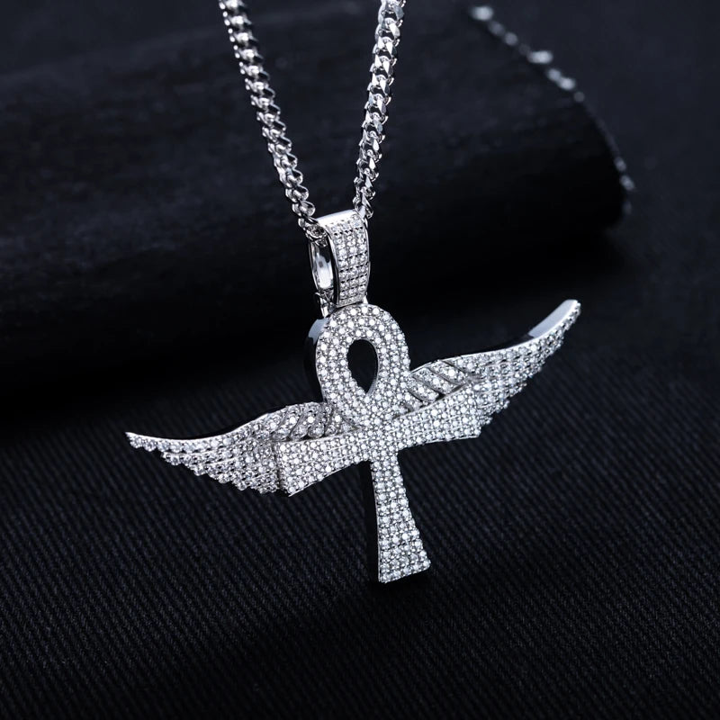 Moissanite Angel Wing Cross Pendant – 925 Silver Hip Hop Necklace