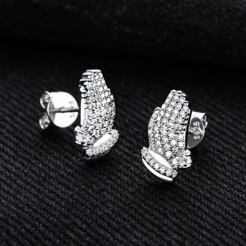Moissanite Prayer Hand Stud Earrings – 925 Silver Hip Hop Jewelry