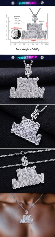 “Fast Money” Moissanite Pendant – 14K Gold Plated Necklace