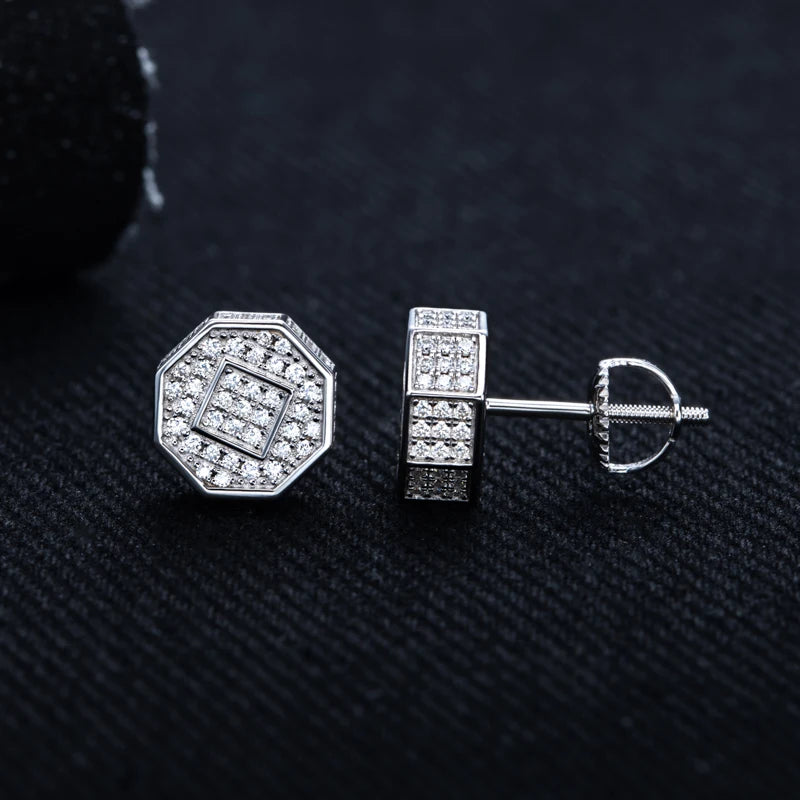 Moissanite Iced Out Stud Earrings – 925 Silver Hip Hop Punk Jewelry